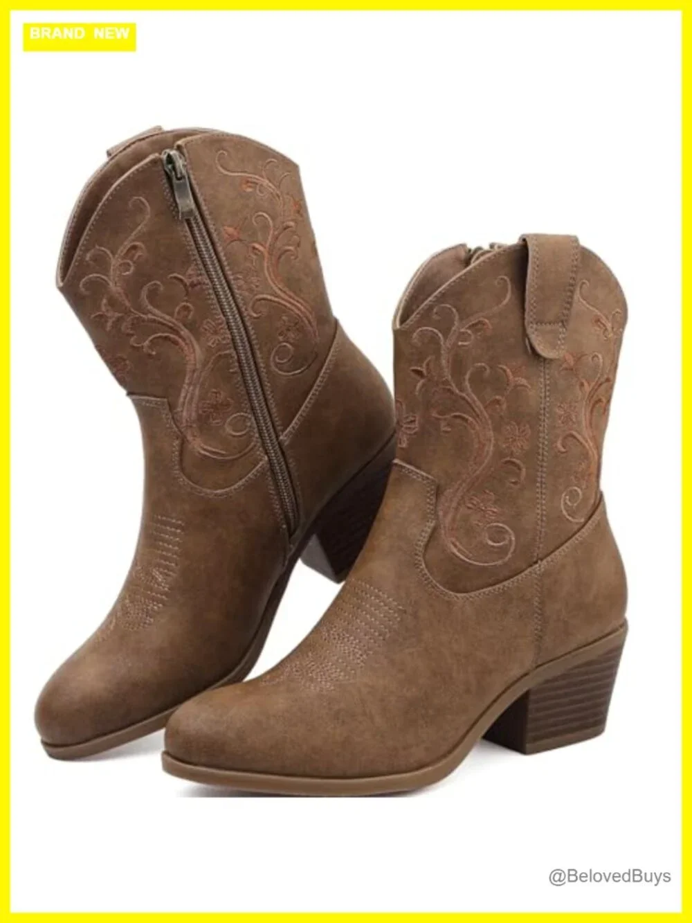 Women's Western Embroidered Cowboy Booties Short Shaft Side Zip Almond Toe